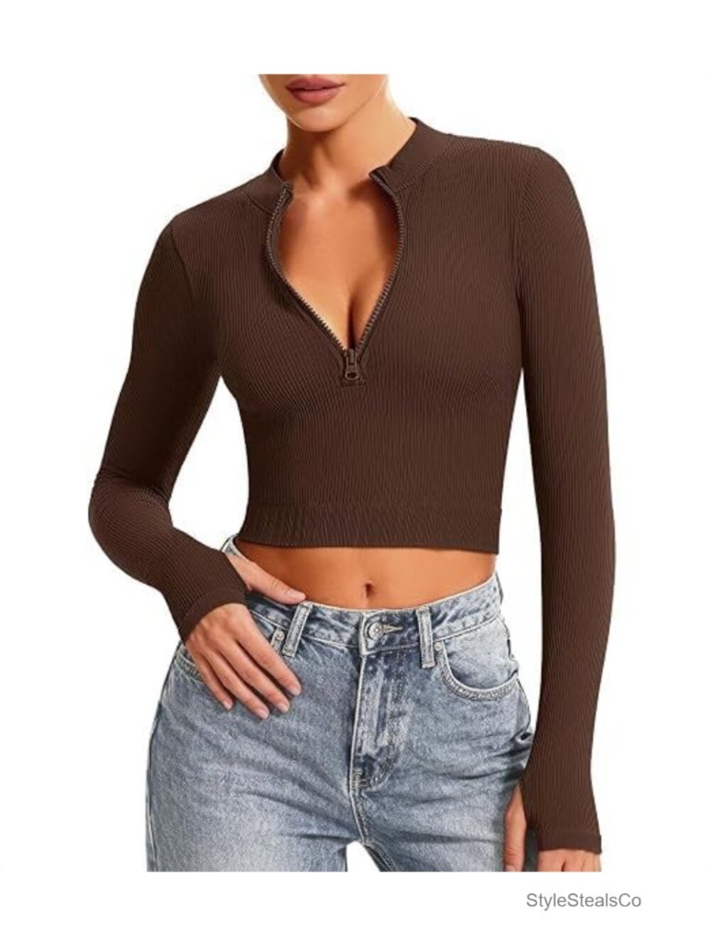 Half Zip Women Long Sleeve Workout Shirts with Thumbholes